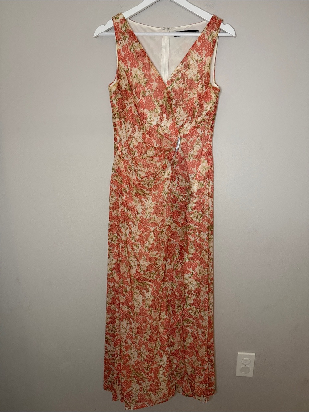 Lauren Ralph Lauren Floral Faux Wrap Maxi Gown Dress Coral Cream Size 4